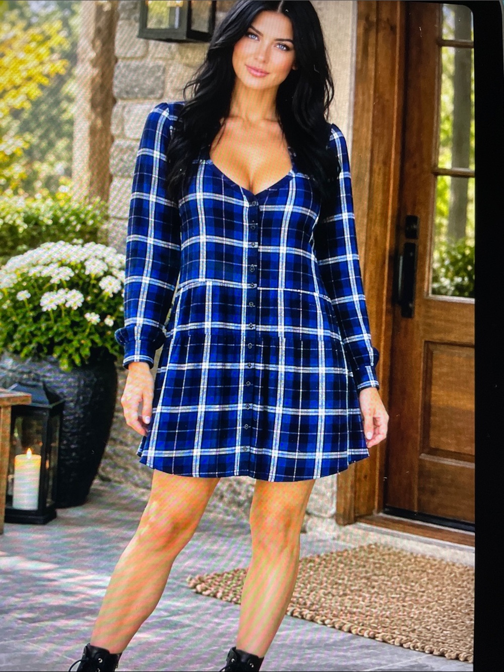 M. OBEY.   Blue Plaid Button-Front Mini Dress With Long Sleeves